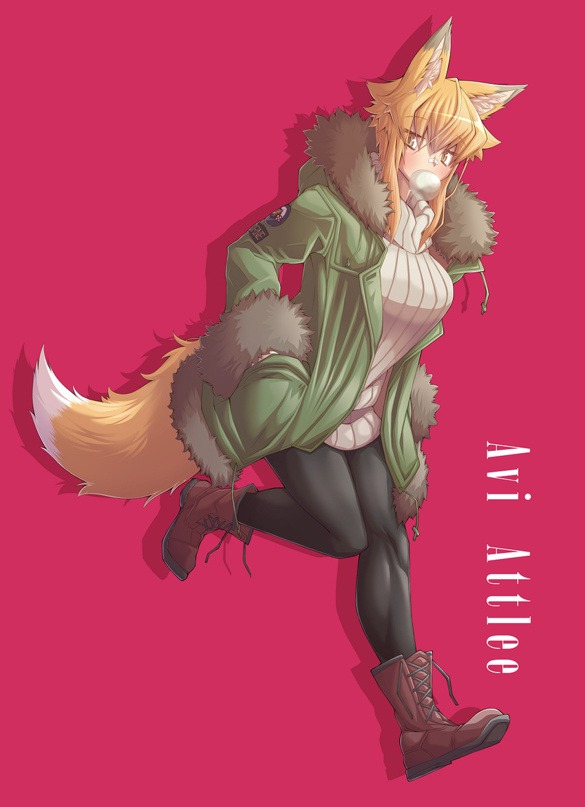 animal_ears bandage_on_face bandages black_legwear blonde_hair blush breasts bubble_blowing chewing_gum commentary_request eyebrows_visible_through_hair fox_ears fox_girl fox_tail fur_trim hands_in_pockets highres jacket large_breasts looking_at_viewer original pantyhose ribbed_sweater short_hair solo sweater tail turtleneck turtleneck_sweater yellow_eyes zawa_(zawzawranran2)
