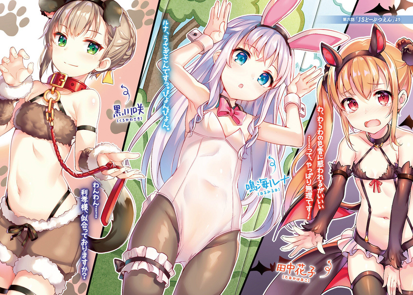 animal_ears asymmetrical_hair bat_ears bat_wings black_bra black_hairband black_legwear black_panties blonde_hair blue_eyes bra brown_hair brown_ribbon brown_shorts bunny_ears bunny_pose bunnysuit character_name collarbone detached_sleeves dog_ears dog_tail eyebrows_visible_through_hair fake_animal_ears flat_chest green_eyes groin hair_between_eyes hair_ribbon hairband highleg highleg_panties highres holding kurukawa_saki leotard long_hair mokyu multiple_girls narumi_runa_(senyome) navel panties pantyhose pink_ribbon red_eyes ribbon sensee_no_oyome-san_ni_naritai_onnanoko_wa_miinna_16-sai_da_yo~? short_shorts shorts silver_hair stomach strapless strapless_leotard suspenders tail tanaka_hanako_(senyome) thigh_strap thighhighs twintails underwear very_long_hair white_leotard wings wrist_cuffs