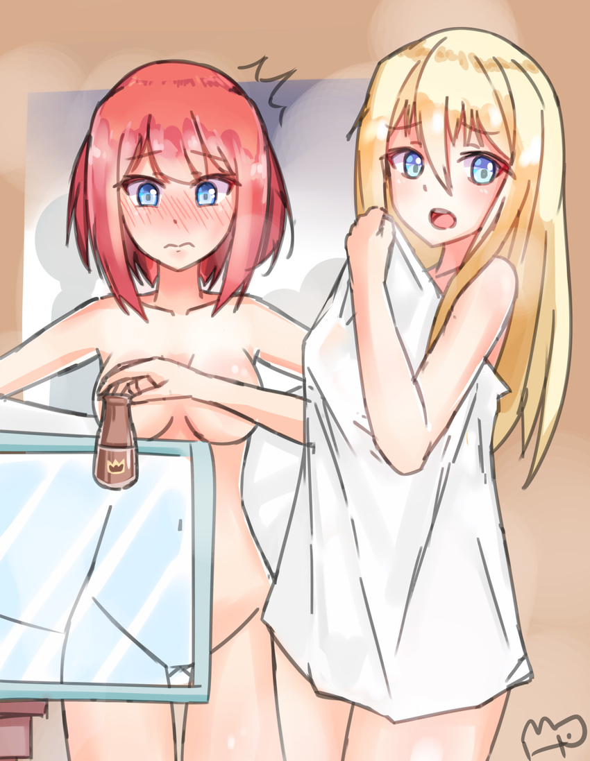 2girls ark_royal_(kantai_collection) blonde_hair blue_eyes breasts convenient_censoring embarrassed highres jwh kantai_collection medium_breasts medium_hair multiple_girls naked_towel nude open_mouth red_hair short_hair towel warspite_(kantai_collection)