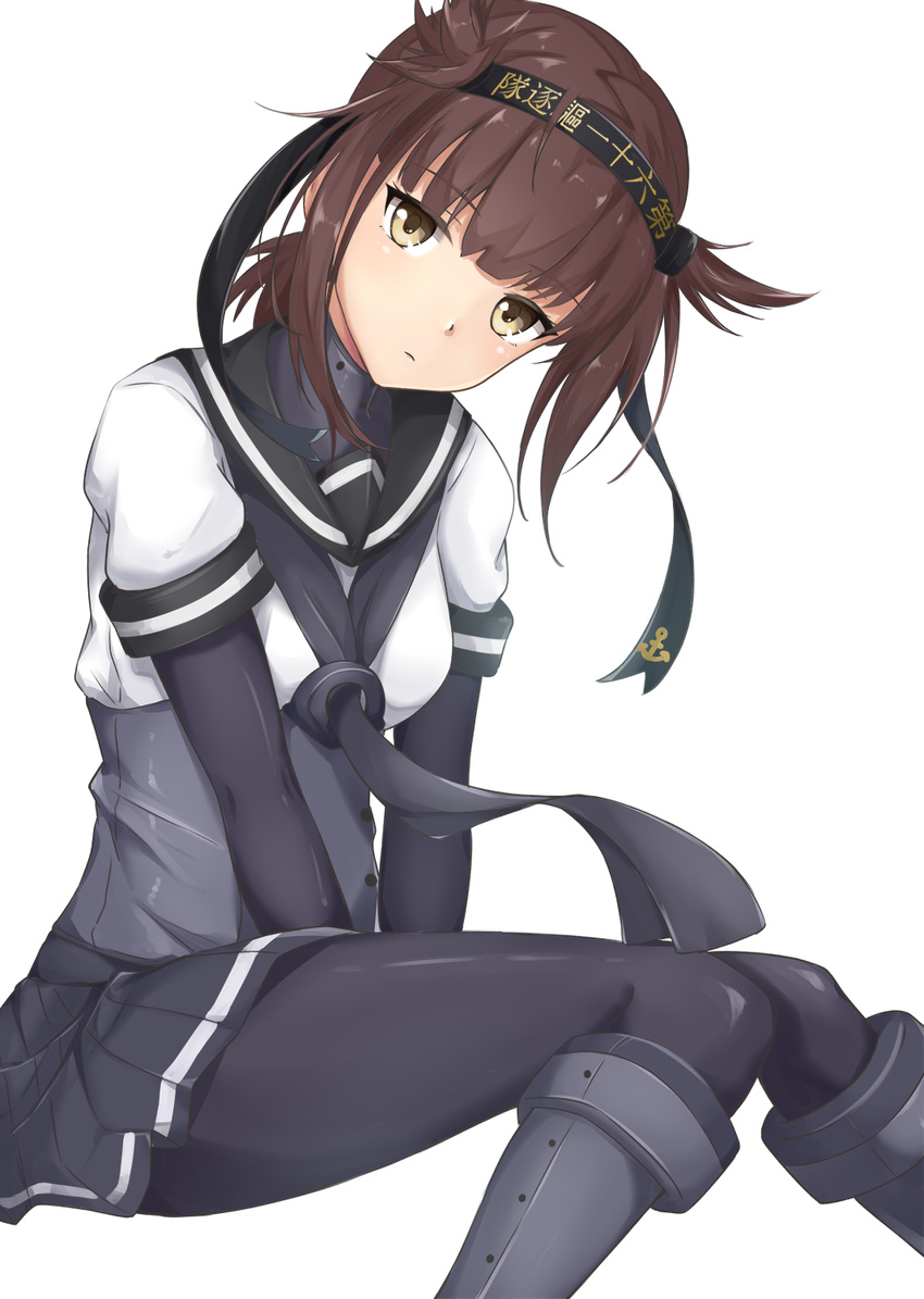 between_legs black_gloves black_legwear black_neckwear black_skirt boots brown_eyes brown_hair elbow_gloves eyebrows_visible_through_hair gloves grey_footwear hand_between_legs hatsuzuki_(kantai_collection) head_tilt headband highres hoshimiya_mashiro invisible_chair kantai_collection knee_boots long_hair looking_at_viewer miniskirt pantyhose pleated_skirt shiny shiny_clothes simple_background sitting skirt solo white_background