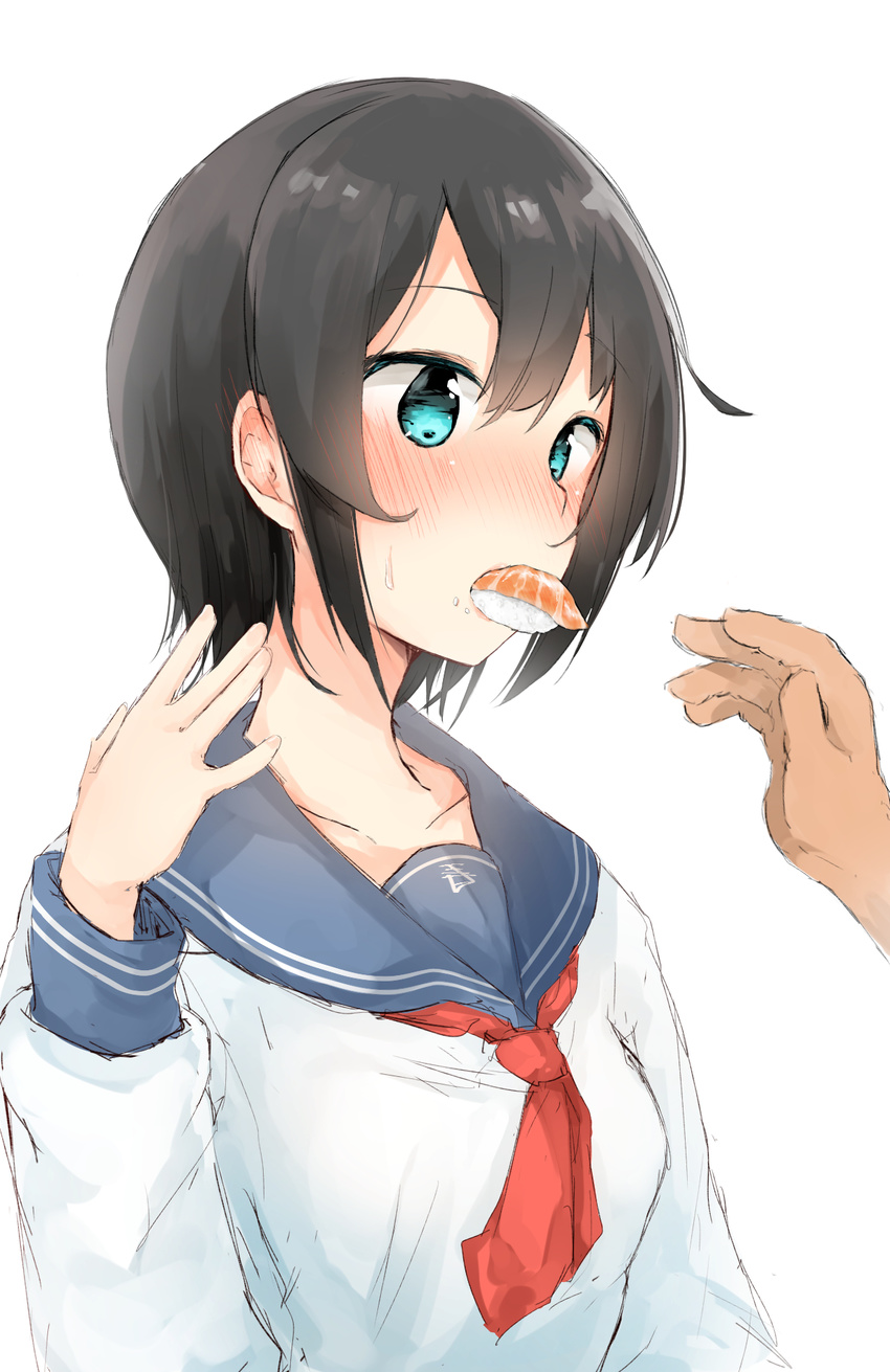 1girl bangs black_hair blush breasts collarbone commentary_request eyebrows_visible_through_hair food food_in_mouth hair_between_eyes highres long_sleeves looking_away mouth_hold neckerchief nose_blush nosetissue original out_of_frame red_neckwear saliva sashimi school_uniform serafuku shirt sidelocks simple_background sketch small_breasts solo_focus sushi sweat white_background white_shirt