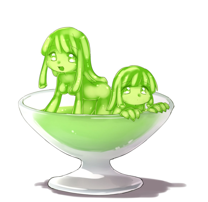 :d all_fours breasts closed_mouth commentary_request cup eyebrows_visible_through_hair goo_girl green green_eyes green_hair green_sclera green_skin in_container in_cup kai_himo long_hair medium_breasts minigirl monster_girl multiple_girls nude open_mouth original short_hair simple_background smile white_background