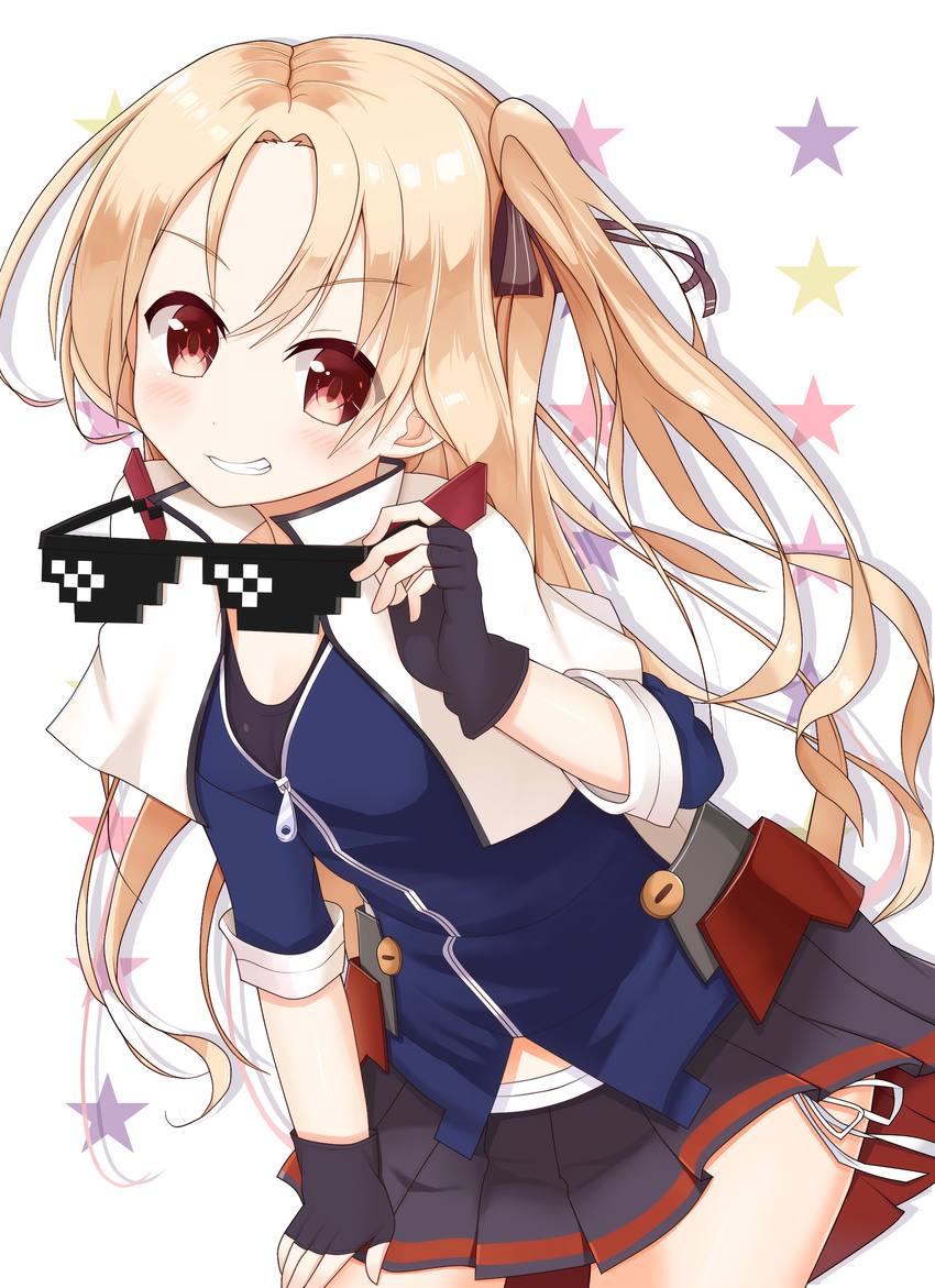 absurdres azur_lane bad_id bad_pixiv_id bangs black_bow black_bra black_gloves black_ribbon black_shirt black_skirt blonde_hair blue_jacket blue_shirt blush bow bra breasts capelet cleveland_(azur_lane) commentary_request deal_with_it eyebrows_visible_through_hair eyewear_removed fingerless_gloves gloves grin hair_between_eyes hair_bow hair_intakes hair_ribbon hand_on_leg highres holding holding_eyewear jacket kyuujou_komachi long_hair looking_at_viewer miniskirt one_side_up panties pleated_skirt red_eyes ribbon shirt short_sleeves side-tie_panties simple_background skirt sleeve_cuffs small_breasts smile solo sports_bra star starry_background sunglasses underwear very_long_hair white_background white_capelet white_panties zipper zipper_pull_tab