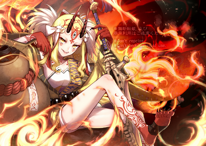 1girl blonde_hair fangs fate/grand_order fate_(series) feet fire flame gourd horns ibaraki_douji_(fate/grand_order) japanese_clothes kimono legs long_hair looking_at_viewer monster_girl ofuda open_mouth sake_gourd sword tattoo teeth text toenails weapon yellow_eyes