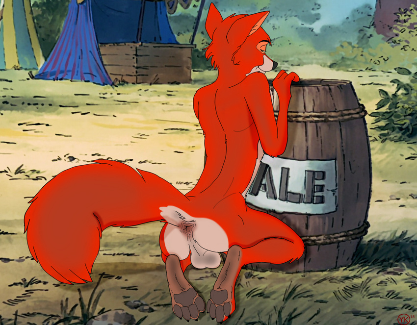 anthro anus balls butt canine disney fan_character fell flirting fox hindpaw looking_at_viewer male mammal paws pinup pose presenting raised_tail red_fox robin_hood seductive solo suggestive yiffykicks