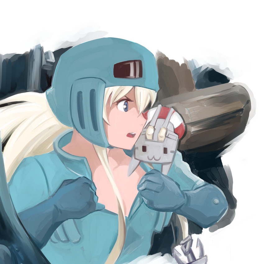 anchor_hair_ornament blonde_hair commentary cosplay gloves green_eyes hair_ornament helmet highres inoue_kousei kantai_collection kaze_no_tani_no_nausicaa lifebuoy long_hair nausicaa nausicaa_(cosplay) open_clothes open_mouth pilot_suit rensouhou-chan shimakaze_(kantai_collection) sidelocks sitting_on_shoulder