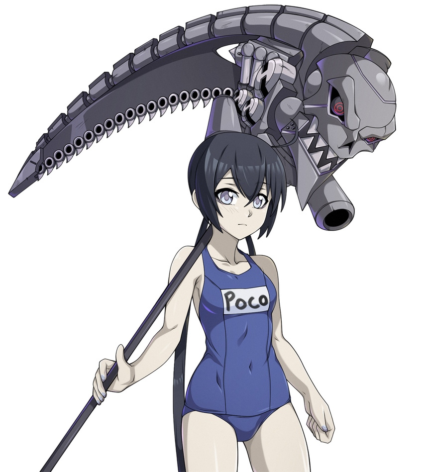 ahoge black_hair blue_swimsuit breasts character_name covered_navel fearless_night fernandez_(fearless_night) grey_eyes highres huge_weapon living_weapon long_hair looking_at_viewer low_twintails official_art one-piece_swimsuit over_shoulder pale_skin poco_muerte school_swimsuit scythe small_breasts solo spike_wible swimsuit twintails weapon weapon_over_shoulder