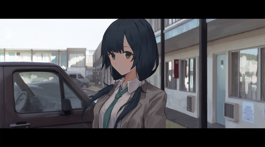 bangs black_hair blush building car closed_mouth collared_shirt day eyebrows_visible_through_hair gh_(chen_ghh) green_eyes green_neckwear grey_jacket ground_vehicle highres jacket letterboxed long_hair low_twintails motor_vehicle necktie open_clothes open_jacket outdoors shirobako shirt solo sunlight twintails upper_body white_shirt wind wing_collar yasuhara_ema