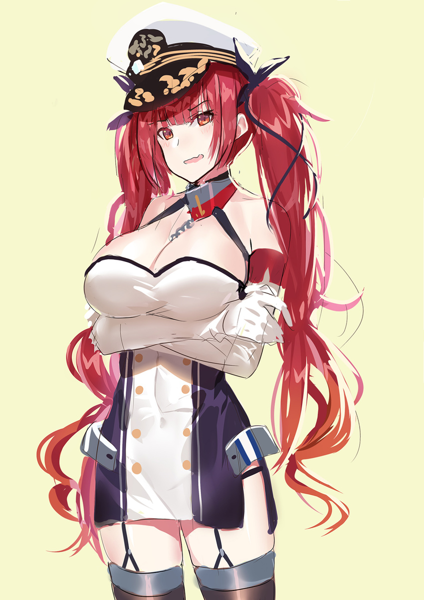 :d azur_lane bangs bare_shoulders black_ribbon blunt_bangs blush breasts brown_legwear cleavage collar cowboy_shot double-breasted dress echj elbow_gloves garter_straps gloves hair_ribbon hat highres honolulu_(azur_lane) large_breasts legs_apart long_hair open_mouth peaked_cap red_eyes red_hair ribbon side_slit simple_background sketch smile solo standing thighhighs twintails very_long_hair wavy_mouth white_dress white_gloves white_hat yellow_background zettai_ryouiki