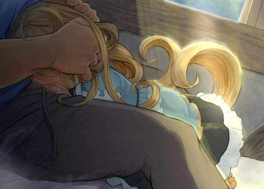 1girl black_pants black_skirt blonde_hair blue_shirt blush charlotta_fenia clenched_hand commentary_request covering_face curly_hair day dress dutch_angle frilled_skirt frills gran_(granblue_fantasy) granblue_fantasy hand_on_another's_head hands_on_another's_head harvin hetero implied_fellatio indoors light_rays long_hair out_of_frame pants shirt sitting size_difference skirt solo_focus sunlight very_long_hair walkalone windowsill