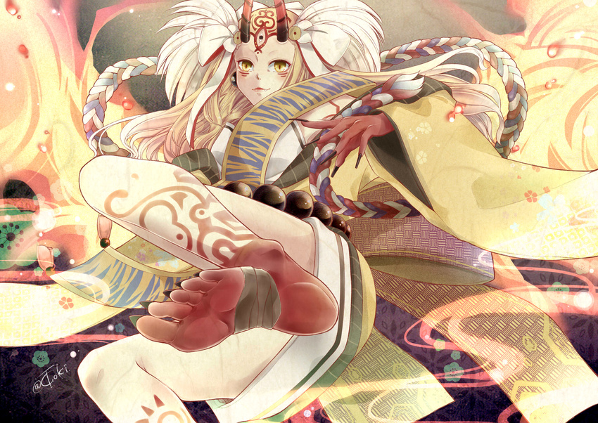 1girl barefoot blonde_hair claws fate/grand_order fate_(series) feet female high_resolution horns ibaraki_douji_(fate/grand_order) kimono long_hair looking_at_viewer off_shoulder oni oni_horns short_kimono solo toki_dokitoki wafuku wide_sleeves yellow_eyes yellow_kimono