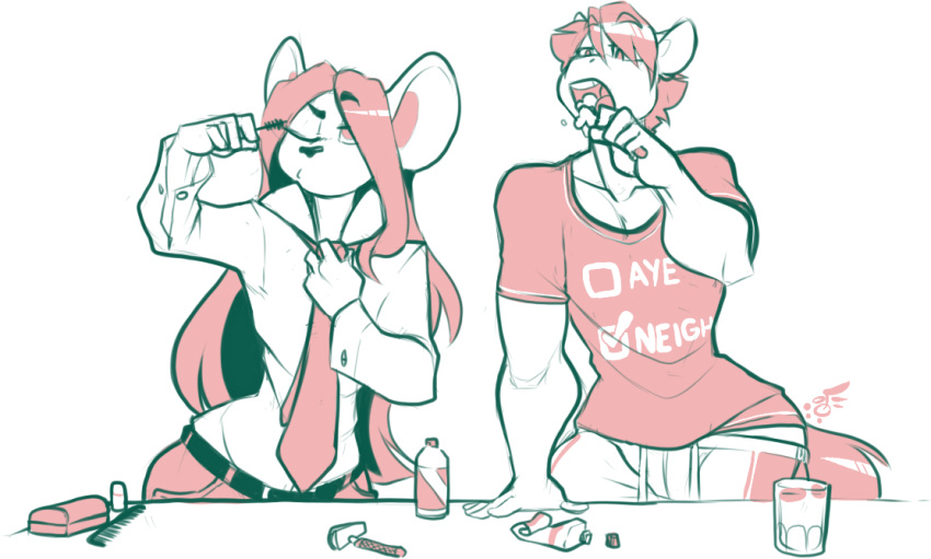 anthro clothed clothing duo equine flexing gang_xi_siyu girly horse jintonic male mammal mouse razor rodent standing toothbrush toothpaste wide_hips