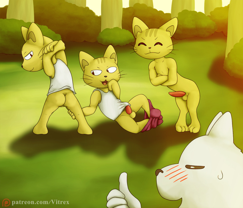 anthro bear blush butt cat clothed clothing detailed_background digital_media_(artwork) erection feline forest fur grass lumbercat male mammal nintendo nude open_mouth outside pants penis pose rhythm_heaven smile tapering_penis tree video_games vitrex woodcutter_bear