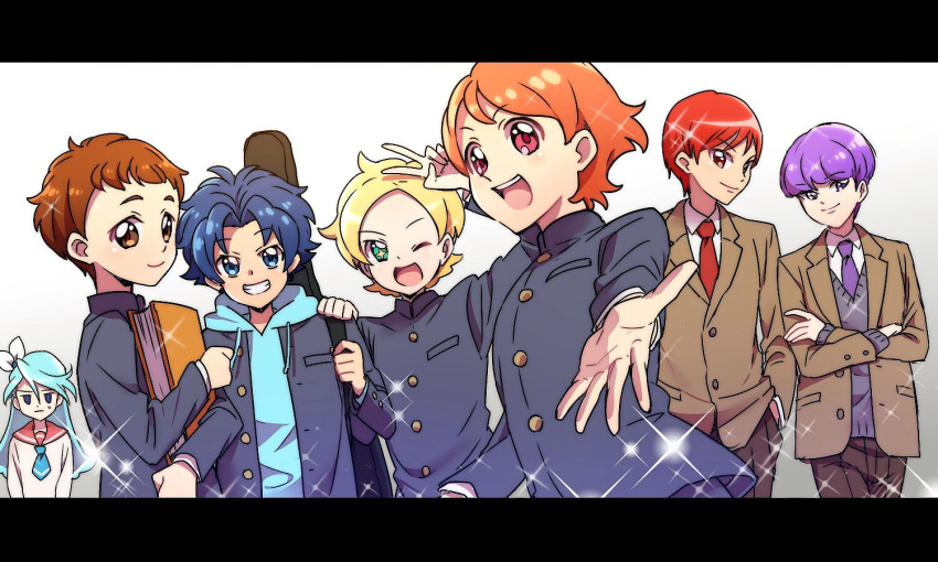 6+boys arisugawa_himari blazer blonde_hair blue_hair brown_hair crossed_arms gakuran genderswap genderswap_(ftm) genderswap_(mtf) hood hoodie jacket julio_(precure) kenjou_akira kirahoshi_ciel kirakira_precure_a_la_mode kotozume_yukari letterboxed multiple_boys orange_hair precure purple_hair red_hair school_uniform serafuku sparkle sweatdrop tategami_aoi usami_ichika v yoshimi_(ysm_8883377)