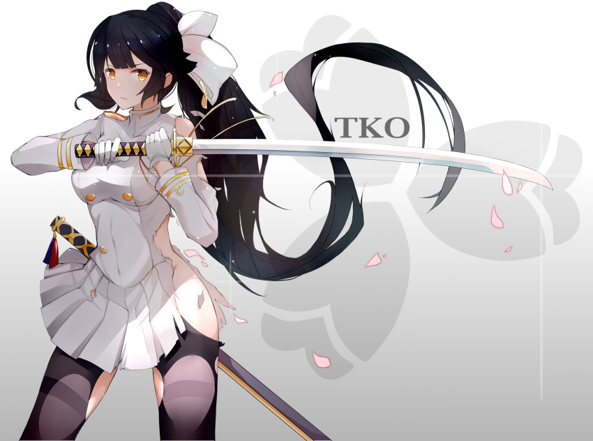 aiguillette azur_lane bangs black_hair black_legwear bow breasts cowboy_shot gloves graphite_(medium) hair_bow hair_flaps highres holding holding_sword holding_weapon katana kojiri long_hair looking_at_viewer marcellokito! medium_breasts military military_uniform mole mole_under_eye pantyhose petals pleated_skirt ponytail saya_(scabbard) sidelocks skirt solo standing sword takao_(azur_lane) tassel thighband_pantyhose torn_clothes torn_legwear traditional_media tsuba_(guard) tsuka-ito tsuka_(handle) uniform weapon white_bow white_gloves white_skirt yellow_eyes