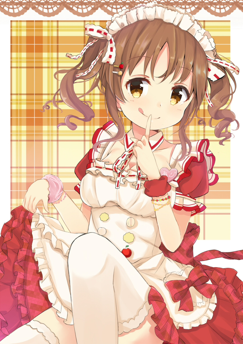 :q amidada apple apron bangs blush border bow bracelet breasts buttons cleavage closed_mouth convenient_leg detached_collar detached_sleeves dress finger_to_mouth food frilled_apron frilled_dress frills fruit hair_ornament hair_ribbon hairclip highres idolmaster idolmaster_cinderella_girls idolmaster_cinderella_girls_starlight_stage jewelry large_breasts leg_lift light_brown_hair looking_at_viewer maid maid_headdress medium_hair name_tag neck_ribbon plaid plaid_background plaid_dress puffy_short_sleeves puffy_sleeves red_bow red_dress ribbon short_sleeves sidelocks sitting skirt skirt_lift smile solo thighhighs tongue tongue_out totoki_airi twintails unmoving_pattern wavy_hair white_apron white_background white_legwear white_ribbon wristband yellow_eyes