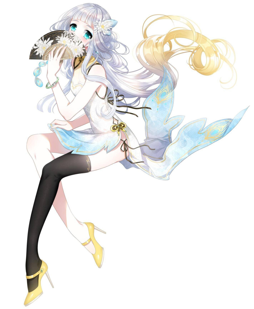 bangs bare_shoulders black_legwear blonde_hair blue_eyes blue_nails blunt_bangs blush bracelet breasts china_dress chinese_clothes covered_mouth dress fan fan_over_face fingernails folding_fan full_body hair_ornament high_heels highres holding holding_fan jewelry long_hair looking_at_viewer miemia multicolored_hair nail_polish noah_fantasy official_art silver_hair single_thighhigh sipping small_breasts solo thighhighs very_long_hair white_background yellow_footwear