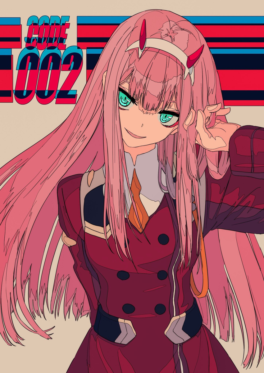 arm_behind_back arm_up bangs brown_background darling_in_the_franxx double-breasted dress eyeshadow hairband hand_in_hair head_tilt highres horns kogecha_(coge_ch) long_hair long_sleeves looking_at_viewer makeup military military_uniform parted_lips pink_hair red_dress smile solo straight_hair tsurime uniform upper_body very_long_hair white_hairband zero_two_(darling_in_the_franxx)