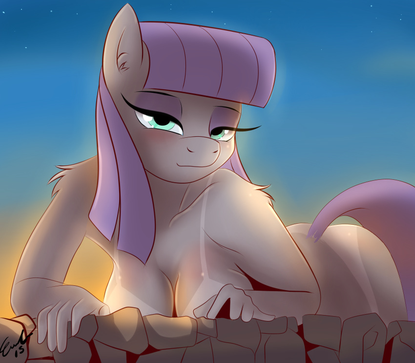 2015 absurd_res anthro anthrofied big_breasts blue_eyes blush breasts earth_pony equine female friendship_is_magic fur grey_fur hair hi_res horse long_hair looking_at_viewer mammal matimus91 maud_pie_(mlp) my_little_pony pony purple_hair solo suntan tan_line