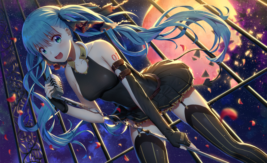 aqua_hair blush elbow_gloves garter_belt gloves green_eyes hatsune_miku ji_dao_ji long_hair moon petals skirt stars stockings tail tattoo thighhighs twintails vocaloid