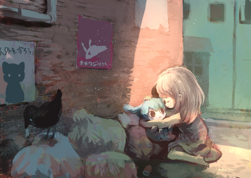 1girl animal_ears artist_name barefoot bird black_eyes blue_hair brown_hair can closed_eyes closed_mouth commentary_request creature crow hug kneeling manino_(mofuritaionaka) original outdoors poster_(object) scenery signature smile tears trash_bag