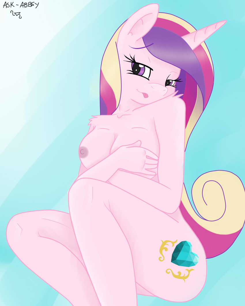 2015 absurd_res anthro anthrofied areola blue_background breasts covering covering_self cutie_mark equine female friendship_is_magic fur hair hi_res horn long_hair mammal matimus91 multicolored_hair my_little_pony nipples nude pink_fur princess_cadance_(mlp) purple_eyes simple_background solo tongue tongue_out unicorn