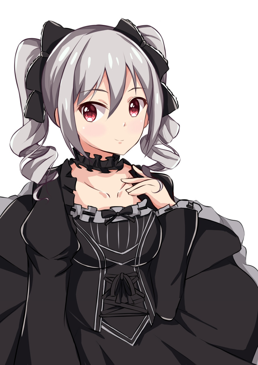 bangs black_dress black_ribbon breasts closed_mouth collarbone dress drill_hair grey_hair hair_ribbon hand_on_own_chest highres idolmaster idolmaster_cinderella_girls juliet_sleeves kanzaki_ranko lolita_fashion long_hair long_sleeves medium_breasts nemo_1988 puffy_sleeves red_eyes ribbon ribbon-trimmed_dress ribbon-trimmed_sleeves ribbon_trim simple_background smile solo twin_drills twintails white_background