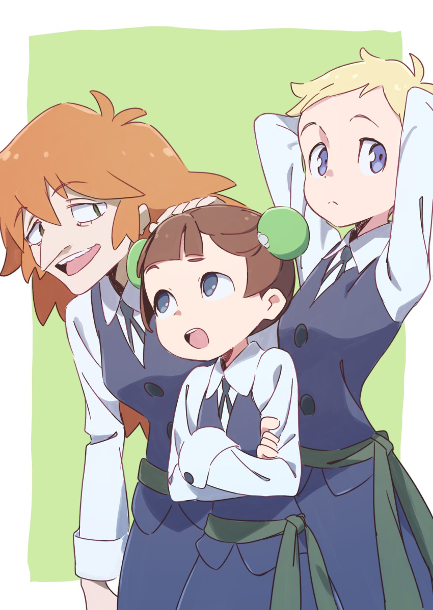 :d arms_behind_back arms_up blonde_hair blue_eyes character_request closed_mouth collared_shirt commentary_request crossed_arms eyebrows_visible_through_hair green_background hair_ornament hand_on_another's_head highres little_witch_academia long_nose long_sleeves luna_nova_school_uniform multiple_girls open_mouth orange_hair purple_skirt purple_vest sanpaku sash school_uniform shirt short_hair simple_background skirt smile standing tama_(tama-s) vest white_shirt wing_collar