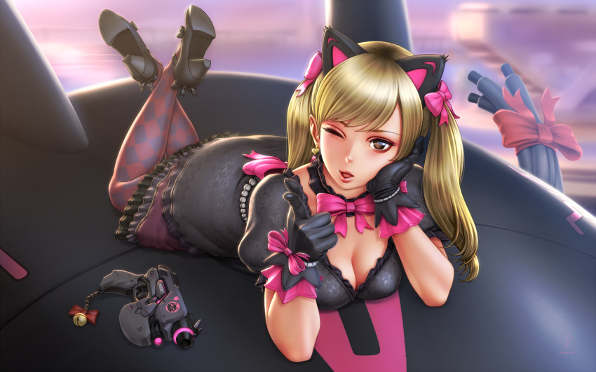 ;d alternate_costume animal_ears back black_cat_d.va black_dress black_gloves blonde_hair breasts cat_ears cleavage d.va_(overwatch) dress finger_gun gloves gun hand_rest high_heels highres horiishi_horuto long_hair looking_at_viewer lying md5_mismatch medium_breasts meka_(overwatch) on_stomach one_eye_closed open_mouth overwatch pantyhose pointing pointing_at_viewer purple_legwear smile solo twintails weapon
