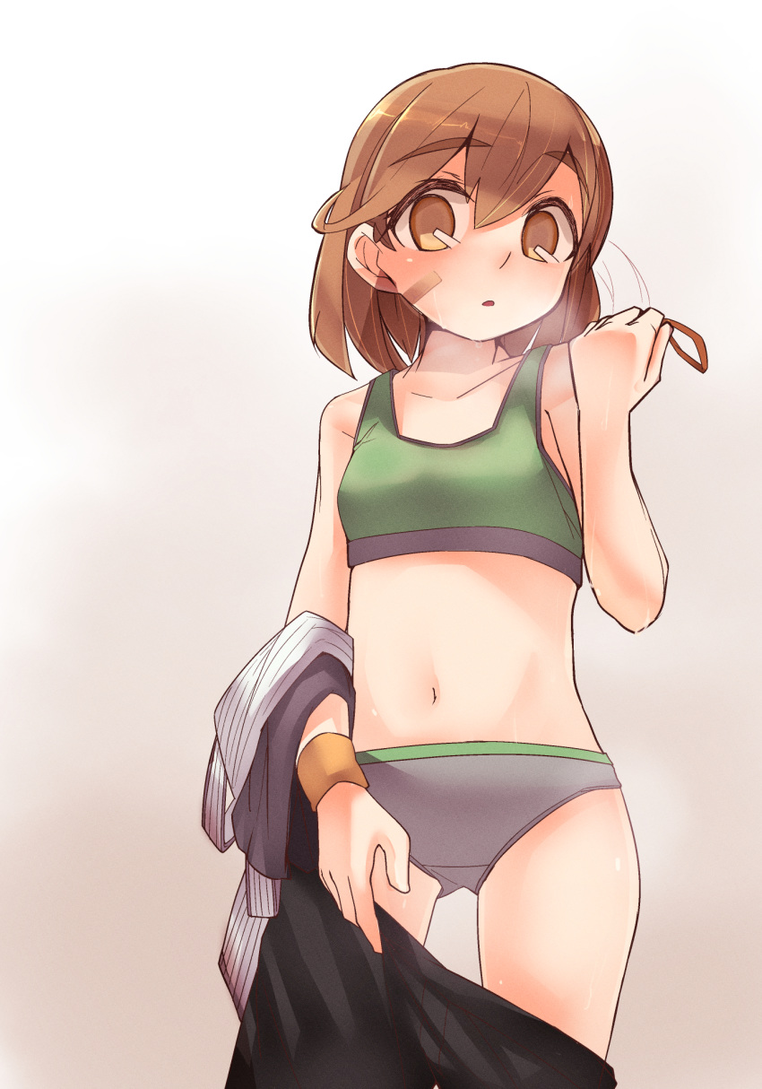 1girl bandaid bandaid_on_face blush brown_eyes brown_hair buruma eyebrows eyebrows_visible_through_hair female kantai_collection looking_at_viewer navel oboro_(kantai_collection) open_mouth short_hair solo sports_bra sweat zhui