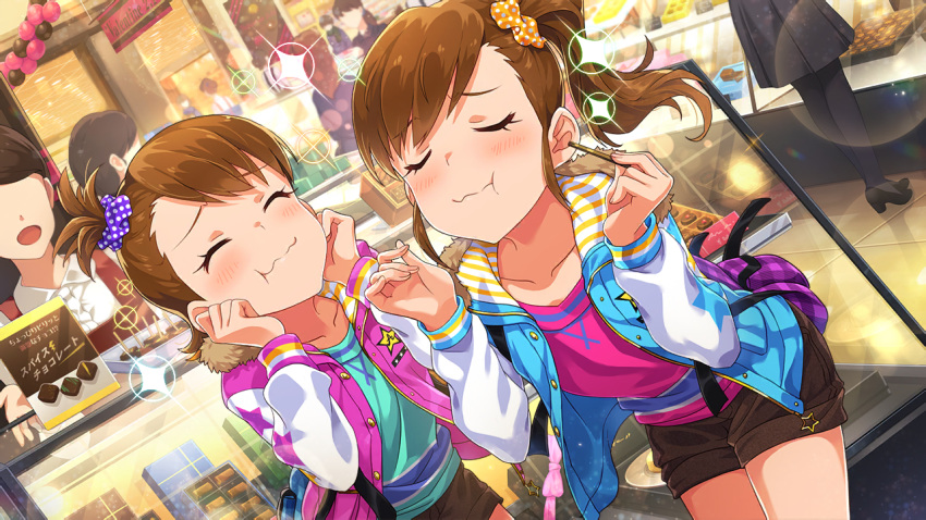 blush brown_hair eyes_closed futami_ami futami_mami idolmaster idolmaster_million_live! idolmaster_million_live!_theater_days jacket long_hair smile twins