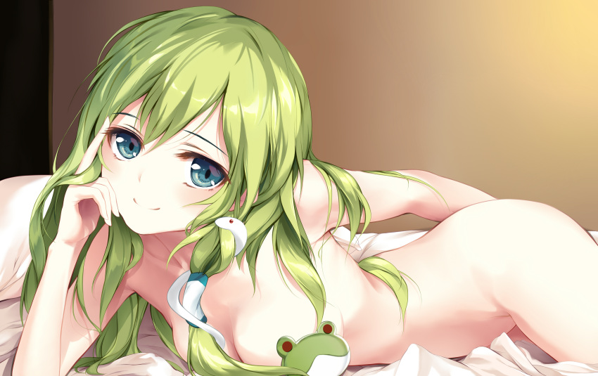 absurdres arm_behind_back bed bed_sheet blue_eyes breasts commentary convenient_censoring coupy_pencil_(medium) fallen_heaven frog_hair_ornament green_eyes green_hair hair_ornament hair_tubes highres index_finger_raised indoors ke-ta_(style) kochiya_sanae long_hair looking_at_viewer lying nude on_stomach small_breasts snake_hair_ornament solo touhou wall