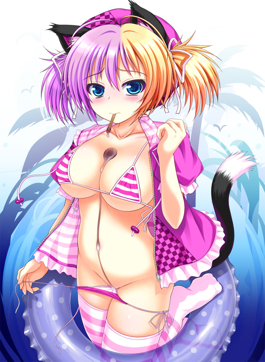 animal_ears antenna_hair atella bangs beret between_breasts bikini blue_eyes blue_innertube blush breasts cat_ears checkered cleavage cowboy_shot food hair_ribbon hat highres hood hoodie ice_cream innertube jacket large_breasts looking_at_viewer lowleg lowleg_bikini melting micro_bikini_top mouth_hold multicolored_hair orange_hair original panties puffy_short_sleeves puffy_sleeves purple_hair ribbon short_hair short_sleeves side-tie_panties solo standing strap_pull streaked_hair striped striped_legwear swimsuit symbol_in_eye tail thighhighs twintails two-tone_hair underwear unzipped zipper