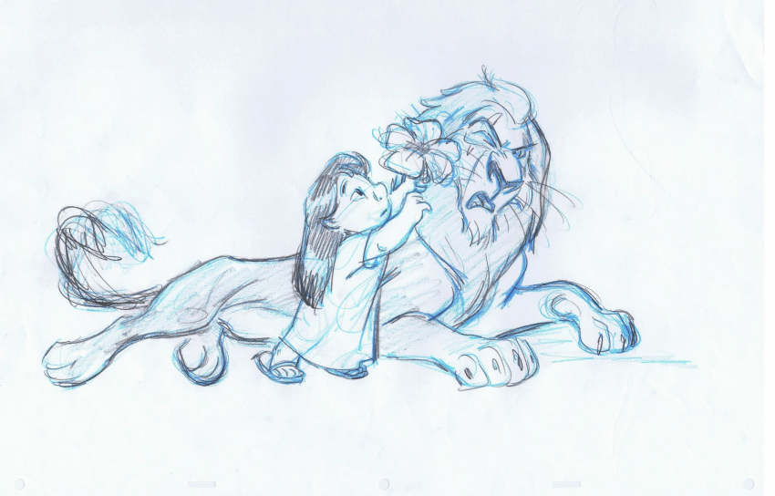 andreas_deja annoyed claws clothed clothing crossover disney feline flower footwear hair hi_res hibiscus human lilo_and_stitch lilo_pelekai lion long_hair mammal mane muumuu one_eye_closed open_mouth plant sandals scar_(the_lion_king) simple_background size_difference sketch the_lion_king traditional_media_(artwork) whiskers white_background