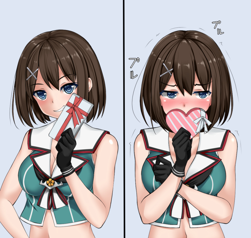 bad_id bad_pixiv_id black_gloves blue_eyes blush box breasts brown_hair commentary covering_mouth embarrassed fidgeting gift gift_box gloves grin hair_ornament hairclip heart-shaped_box kantai_collection large_breasts looking_at_viewer maya_(kantai_collection) medium_hair remodel_(kantai_collection) smile solo valentine vest z5987