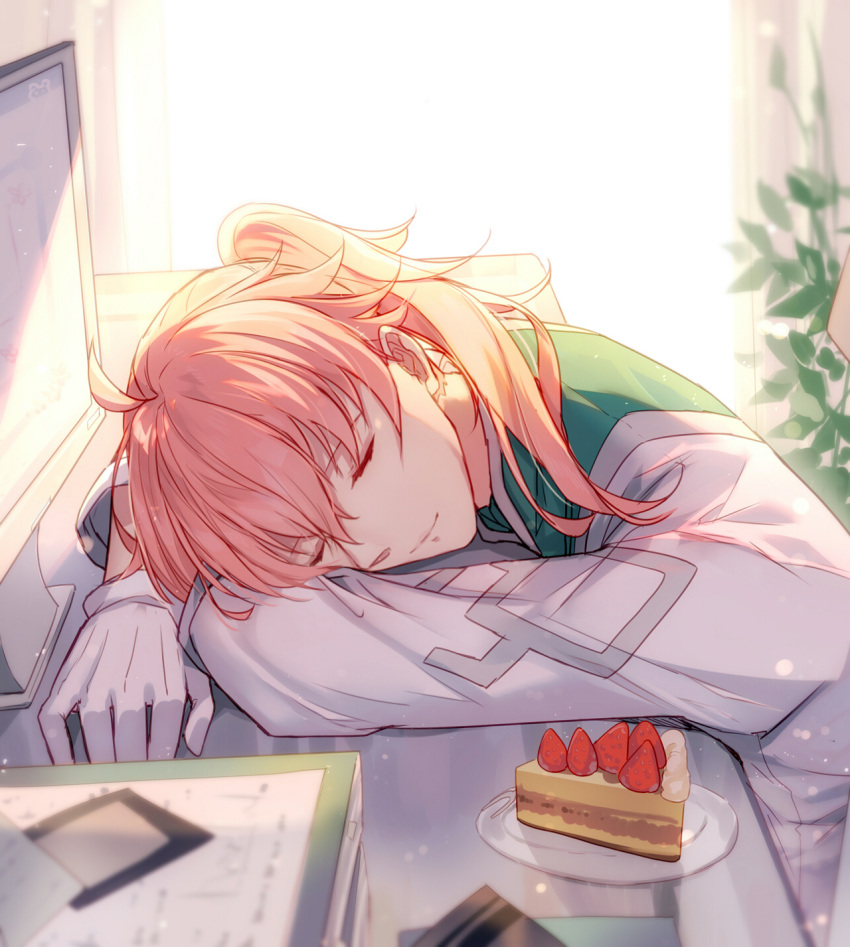 ahoge bangs bison_cangshu blurry cake closed_eyes closed_mouth coat day depth_of_field fate/grand_order fate_(series) food gloves highres indoors long_sleeves male_focus monitor pink_hair plant ponytail potted_plant romani_archaman sleeping smile solo white_gloves window