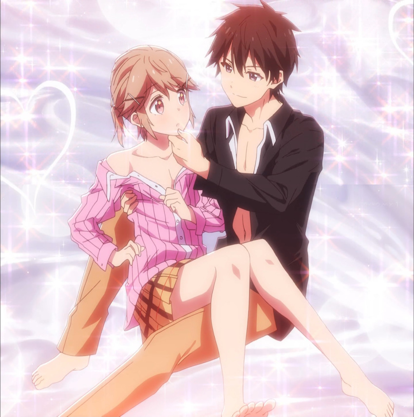 2boys :o androgynous barefoot blush brown_hair chest crossdressing hair_ornament hand_to_head knees_together knees_together_feet_apart knees_touching looking_at_another makabe_masamune male_focus masamune-kun_no_revenge multiple_boys partially_unbuttoned partially_undressed pink_shirt plaid_skirt school_uniform screencap shoulder_blades shuri_kojuurou sitting_on_lap sitting_on_person skirt stitched trap unbuttoned_shirt yaoi