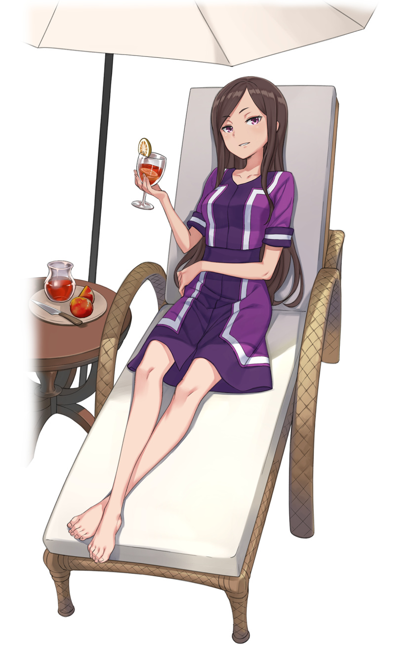 barefoot beach_umbrella brown_hair chair cup cupping_glass dorothy_(princess_principal) drink drinking_glass feet food fruit full_body glass highres knife lemon lemon_slice long_hair looking_at_viewer makaria official_art parted_lips pitcher princess_principal princess_principal_game_of_mission purple_eyes purple_skirt sitting skirt solo table toes transparent_background umbrella wine_glass