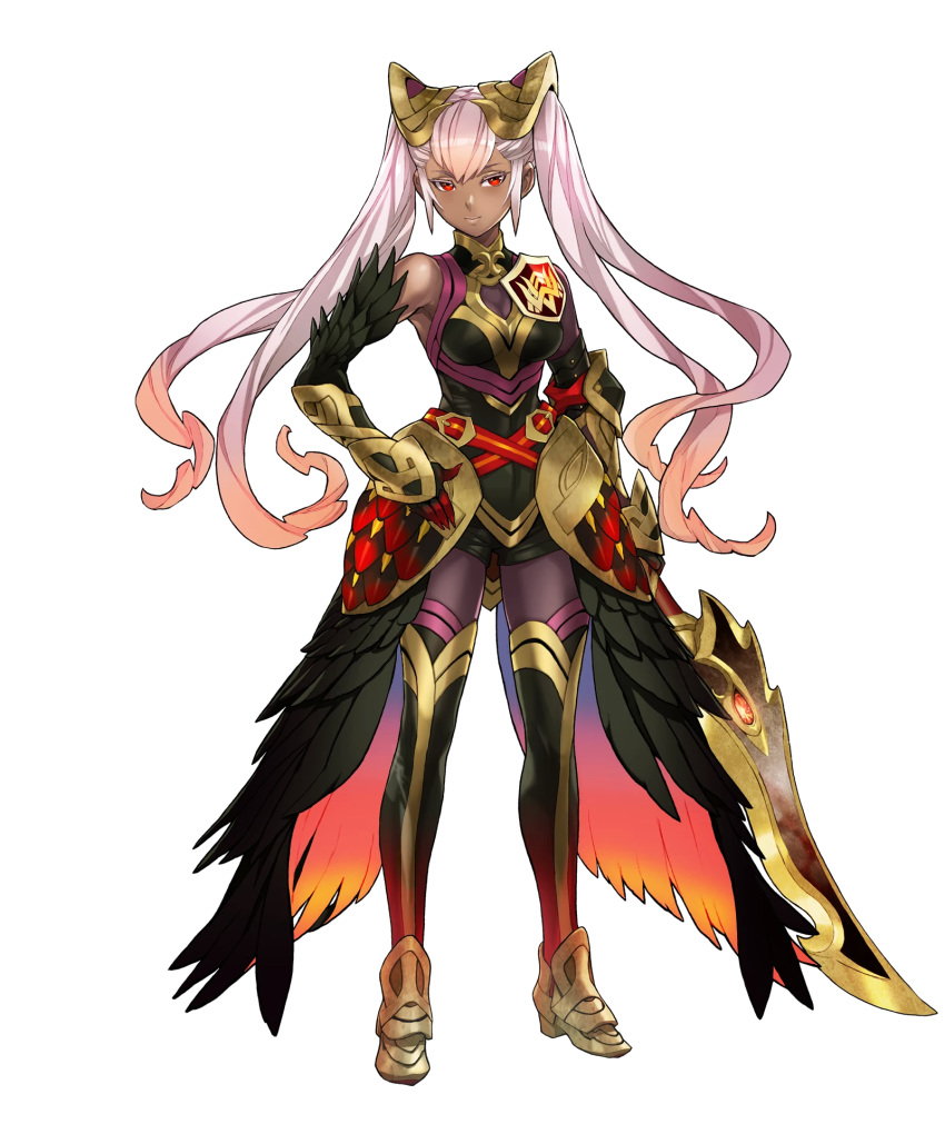 armor bangs bare_shoulders belt breasts dark_skin elbow_gloves feather_trim feathers fire_emblem fire_emblem_heroes full_body gauntlets gloves gradient gradient_hair hair_ornament highres holding holding_sword holding_weapon laevateinn_(fire_emblem_heroes) long_hair looking_at_viewer maeshima_shigeki medium_breasts multicolored_hair non-web_source official_art parted_lips red_eyes smile solo standing sword thighhighs transparent_background weapon