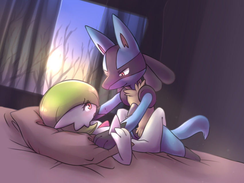 3_fingers anthro bed big_tail blue_fur blue_tail blush blushpumpkin breasts canine chest_spike detailed_background digital_drawing_(artwork) digital_media_(artwork) duo eye_contact eyelashes female fur gardevoir green_hair hair hi_res humanoid inside interspecies intimate leg_wrap looking_at_partner lucario lying male male/female male_penetrating mammal missionary_position nintendo nude on_back on_bed open_mouth pillow pok&eacute;mon pok&eacute;mon_(species) red_eyes romantic romantic_couple sex smile sunlight video_games yellow_fur