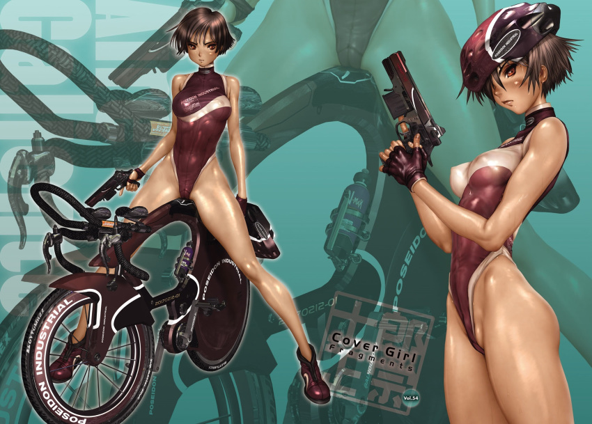 ass bicycle bottle breasts brown_eyes brown_hair comic_anthurium covered_nipples dark_skin fingerless_gloves full_body gloves ground_vehicle gun handgun helmet high_heels highleg highleg_swimsuit highres looking_at_viewer medium_breasts nipples one-piece_swimsuit partially_visible_vulva pistol riding shiny shiny_skin shirou_masamune shoes short_hair sitting standing sweat sweatdrop swimsuit thighs weapon