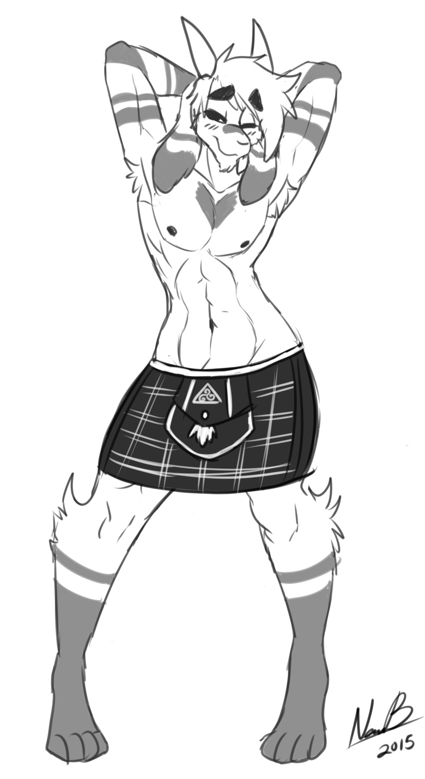 2015 absurd_res anthro blush caprine clothed clothing edit goat greyscale hands_behind_head hi_res hybrid kilt male mammal monochrome neon-b nipples one_eye_closed pattern_clothing plaid solo standing tartan_bottomwear tartan_clothing topless wide_hips