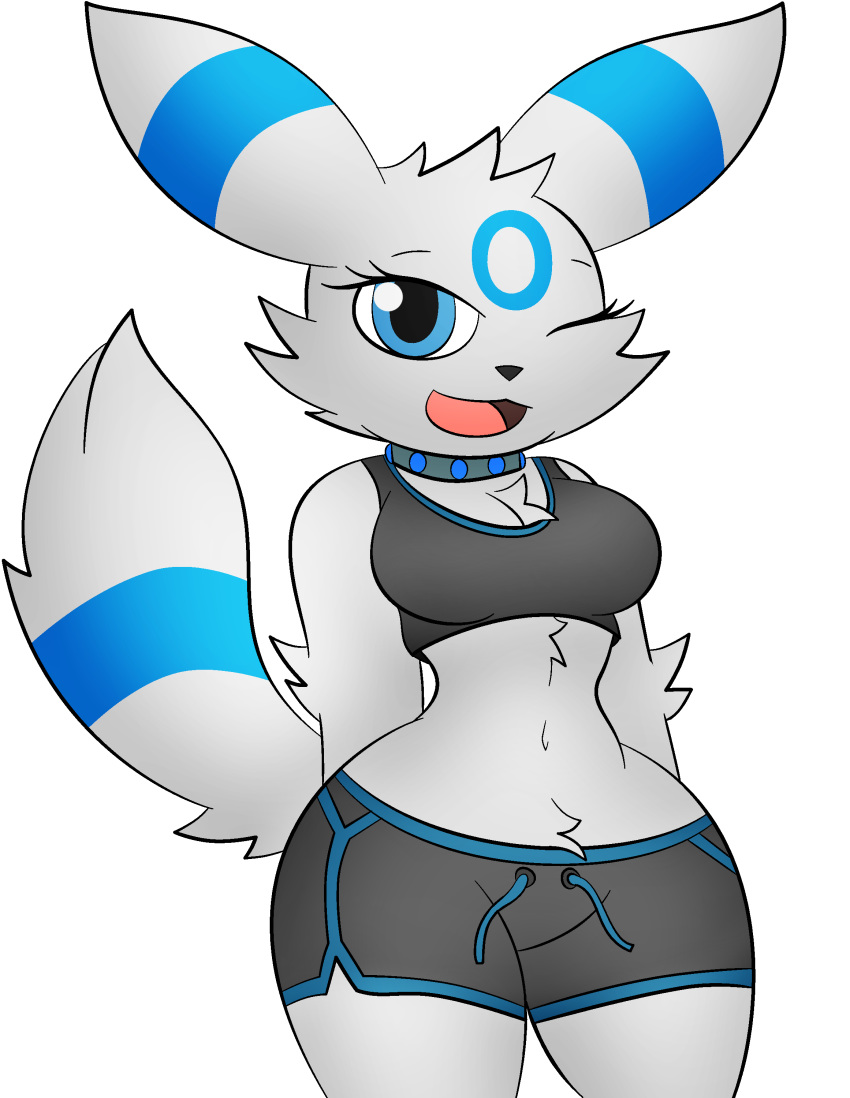 anthro bra breasts canine clothed clothing collar cute digital_media_(artwork)2018 eeveelution female fur hair hi_res lighty looking_at_viewer mammal nintendo open_mouth pok&eacute;mon pok&eacute;mon_(species) shorts smile solo sports_bra temporal thick_thighs top umbreon underwear video_games white_fur wide_hips zinzoa