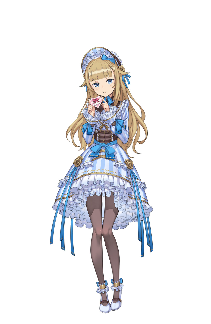 ankle_cuffs belt blonde_hair blue_bow blue_dress blush bonnet bow box chocolate chocolate_heart dress eyebrows_visible_through_hair forearm_at_chest frilled_sleeves frills full_body gift grey_legwear hair_bow hair_flaps heart heart-shaped_box highres holding holding_gift long_hair long_sleeves looking_at_viewer makaria mary_janes official_art princess_(princess_principal) princess_principal princess_principal_game_of_mission shoes smile solo standing striped striped_dress transparent_background very_long_hair white_dress white_footwear