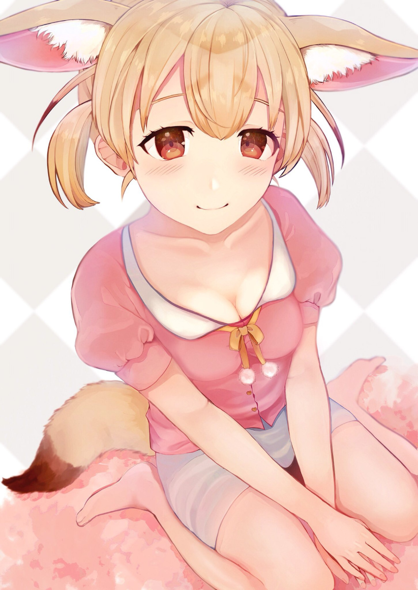 alternate_hairstyle ancolatte_(onikuanco) animal_ears blonde_hair breasts brown_eyes cleavage collarbone commentary_request extra_ears fennec_(kemono_friends) fox_ears highres kemono_friends looking_at_viewer medium_breasts puffy_short_sleeves puffy_sleeves short_hair short_sleeves sitting smile solo two_side_up v_arms