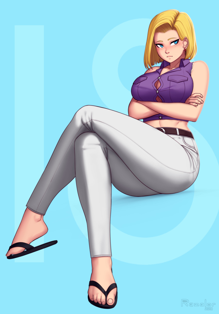 android_18 arms_under_breasts blonde_hair blue_eyes blush breast_hold breasts bursting_breasts cleavage commission crossed_arms crossed_legs dragon_ball dragon_ball_z earrings eyeliner full_body highres invisible_chair jewelry large_breasts legs lips long_legs looking_away makeup midriff no_bra pants razalor sandals shirt sitting sleeveless sleeveless_shirt solo thighs toes