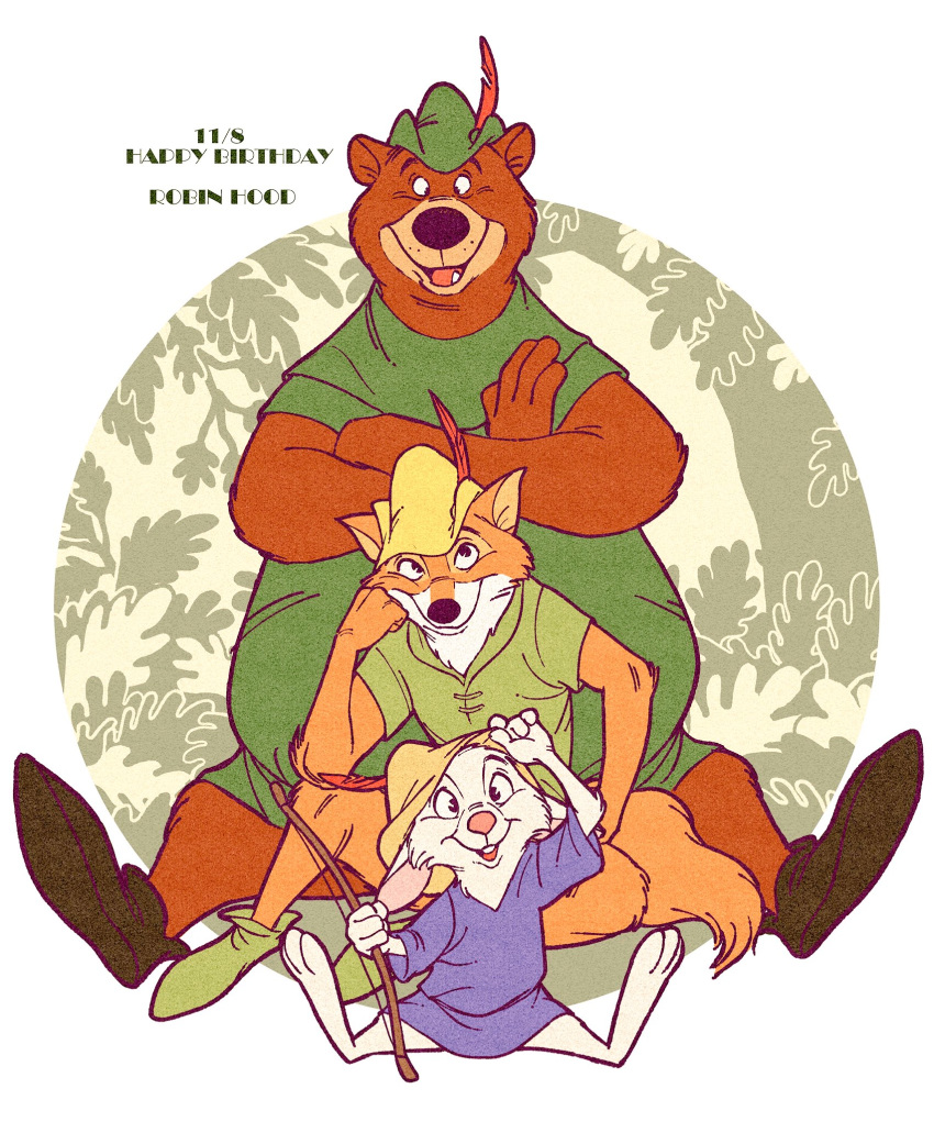 2018 age_difference anthro black_nose bottomless brown_bear canine clothed clothing disney fox fur hat hi_res lagomorph little_john male mammal rabbit robin_hood robin_hood_(disney) simple_background size_difference skippy uochandayo ursine young