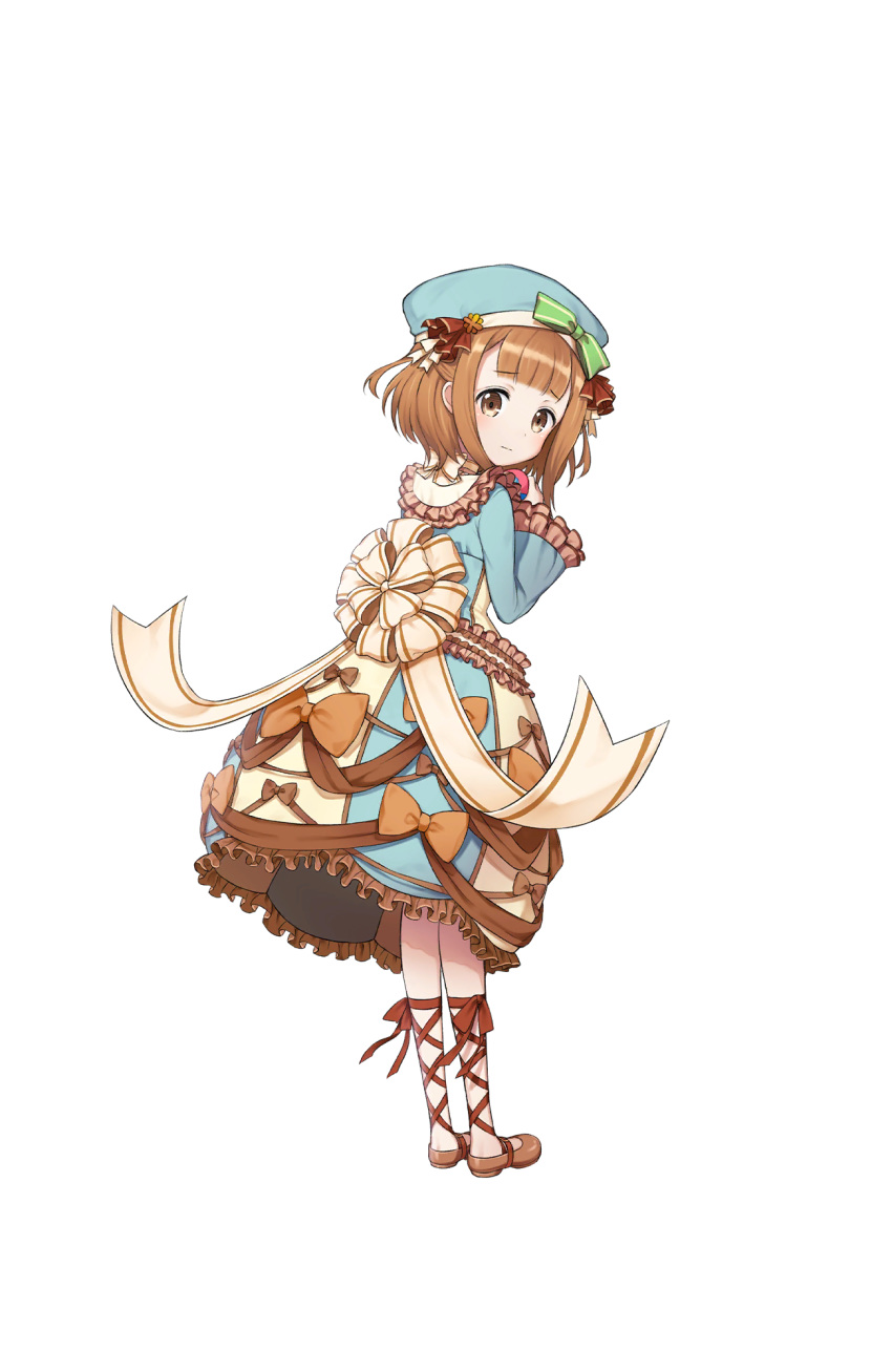 ankle_lace-up beatrice_(princess_principal) blue_dress blue_hat blush bow brown_bow brown_eyes brown_footwear brown_hair cross-laced_footwear dress frilled_dress frills full_body hat hat_bow highres looking_at_viewer official_art princess_principal princess_principal_game_of_mission solo standing striped striped_dress transparent_background wide_sleeves