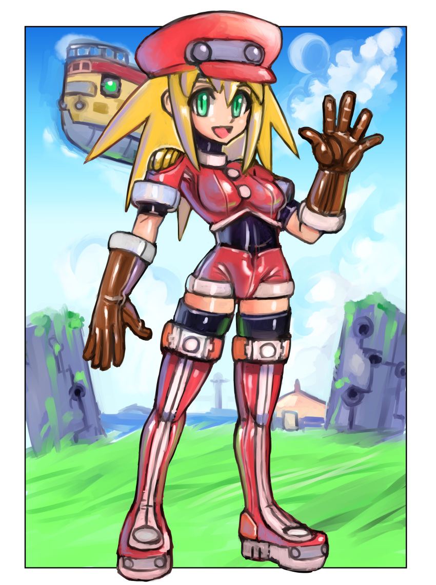 :d adapted_costume aircraft airship arm_at_side bangs black_legwear blonde_hair blue_sky bodysuit boots breasts brown_gloves buttons cloud crop_top day full_body gloves grass green_eyes hat highres legs_apart long_hair looking_at_viewer oomasa_teikoku open_mouth red_footwear red_hat red_shirt red_shorts rockman rockman_dash roll_caskett shirt short_sleeves shorts sky sleeve_cuffs small_breasts smile solo standing thigh_boots thighhighs tongue