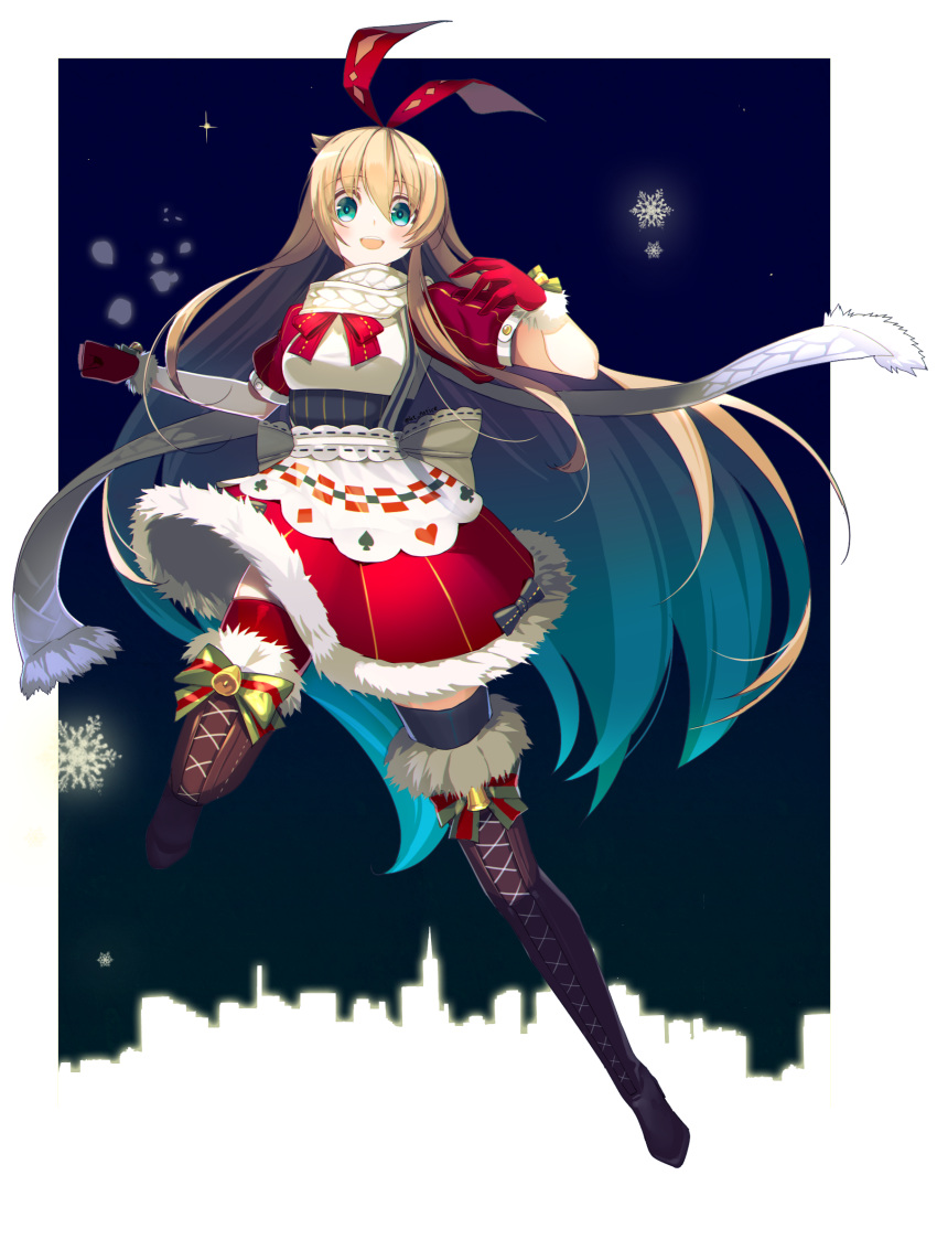 absurdres alice_(grimms_notes) alice_(wonderland) alice_in_wonderland bell black_legwear blonde_hair blue_eyes boots dress gloves grimms_notes highres jingle_bell ktsis leg_up long_hair mismatched_legwear open_mouth red_dress red_gloves red_legwear ribbon scarf smile solo thigh_boots thighhighs very_long_hair